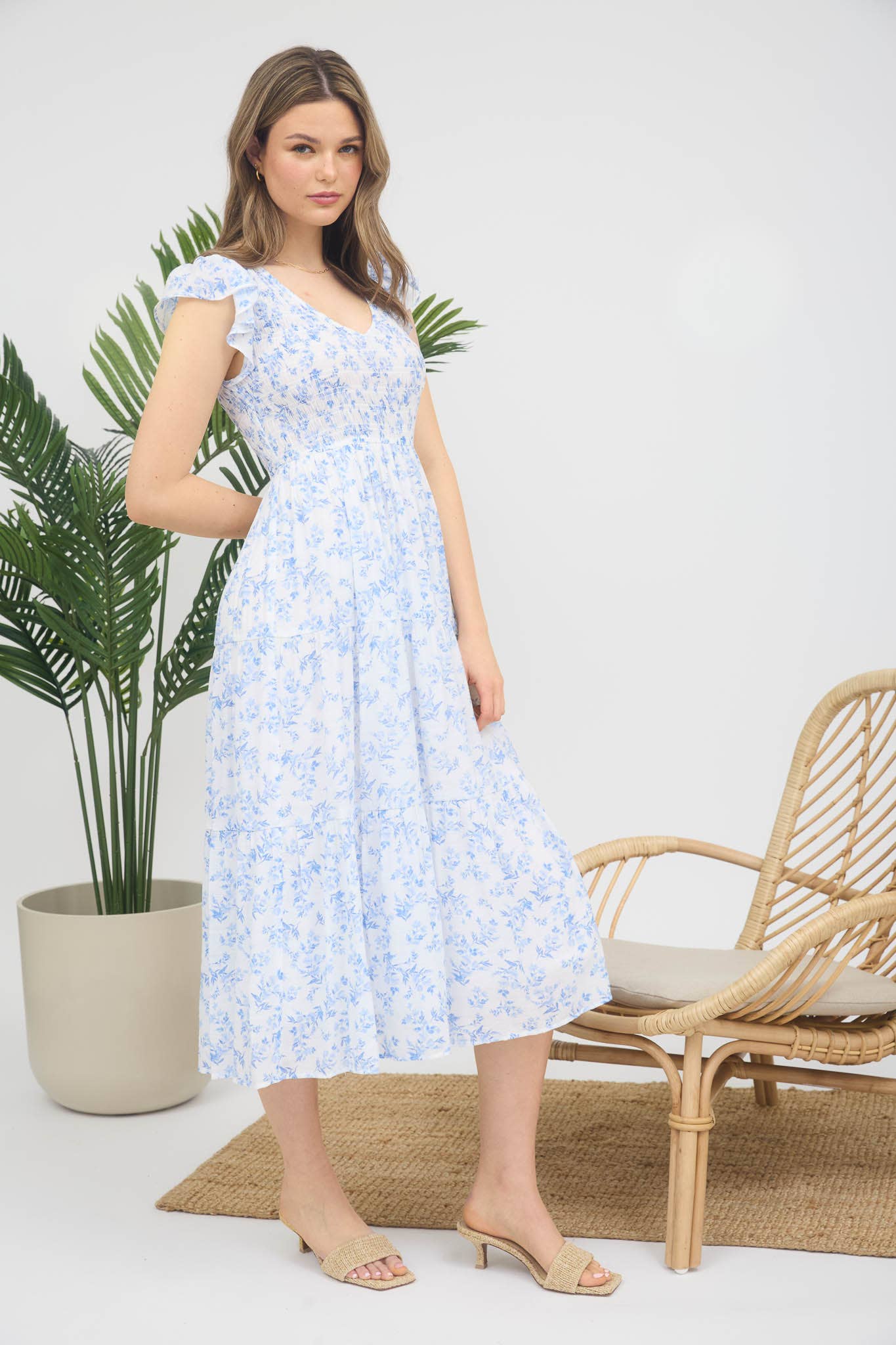 FLORAL V NECK SMOCKED SHORT SLEEVE MIDI DRESS