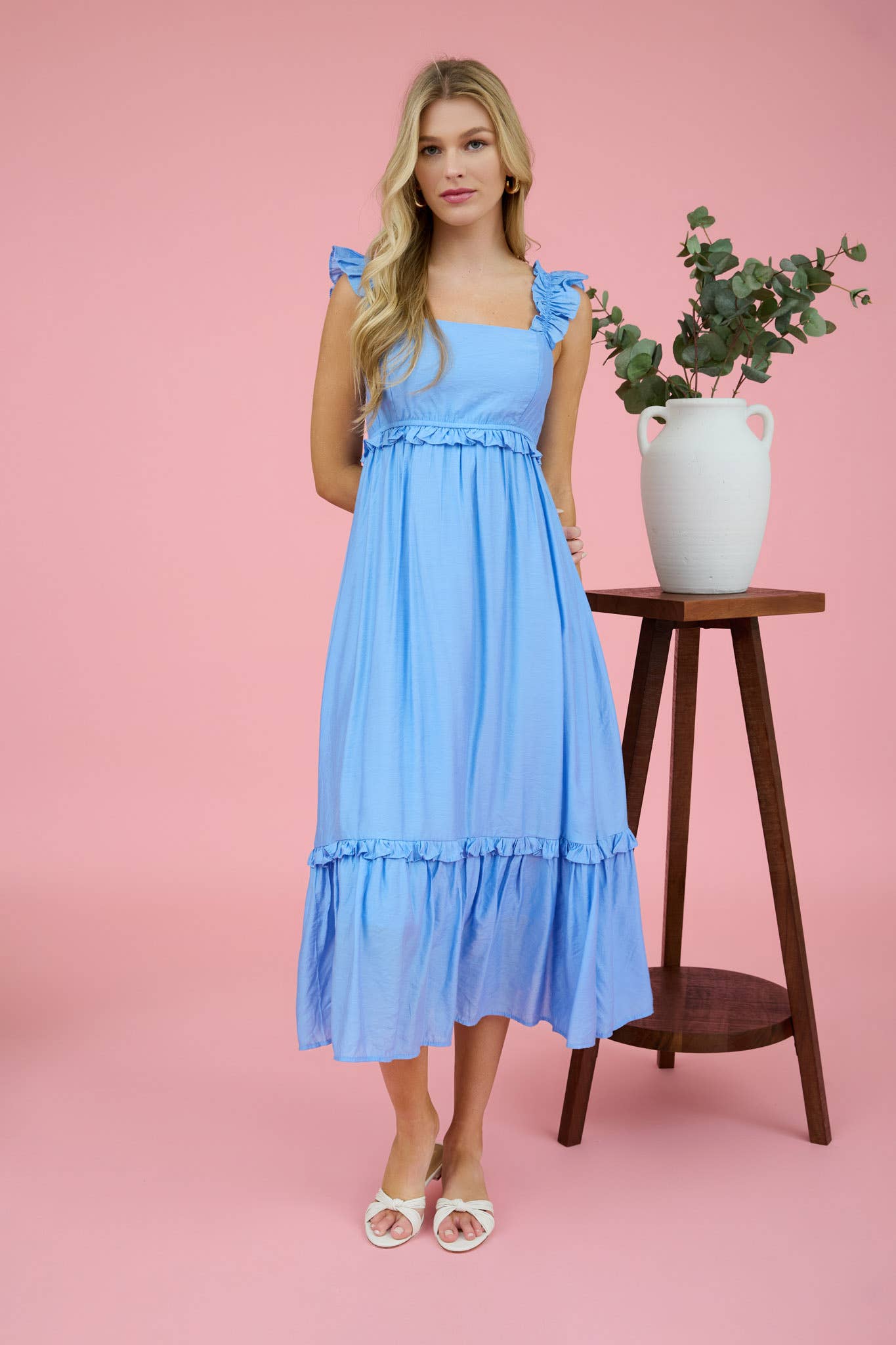 RUFFLE DETAIL EMPIRE WAIST SLEEVELESS MIDI DRESS