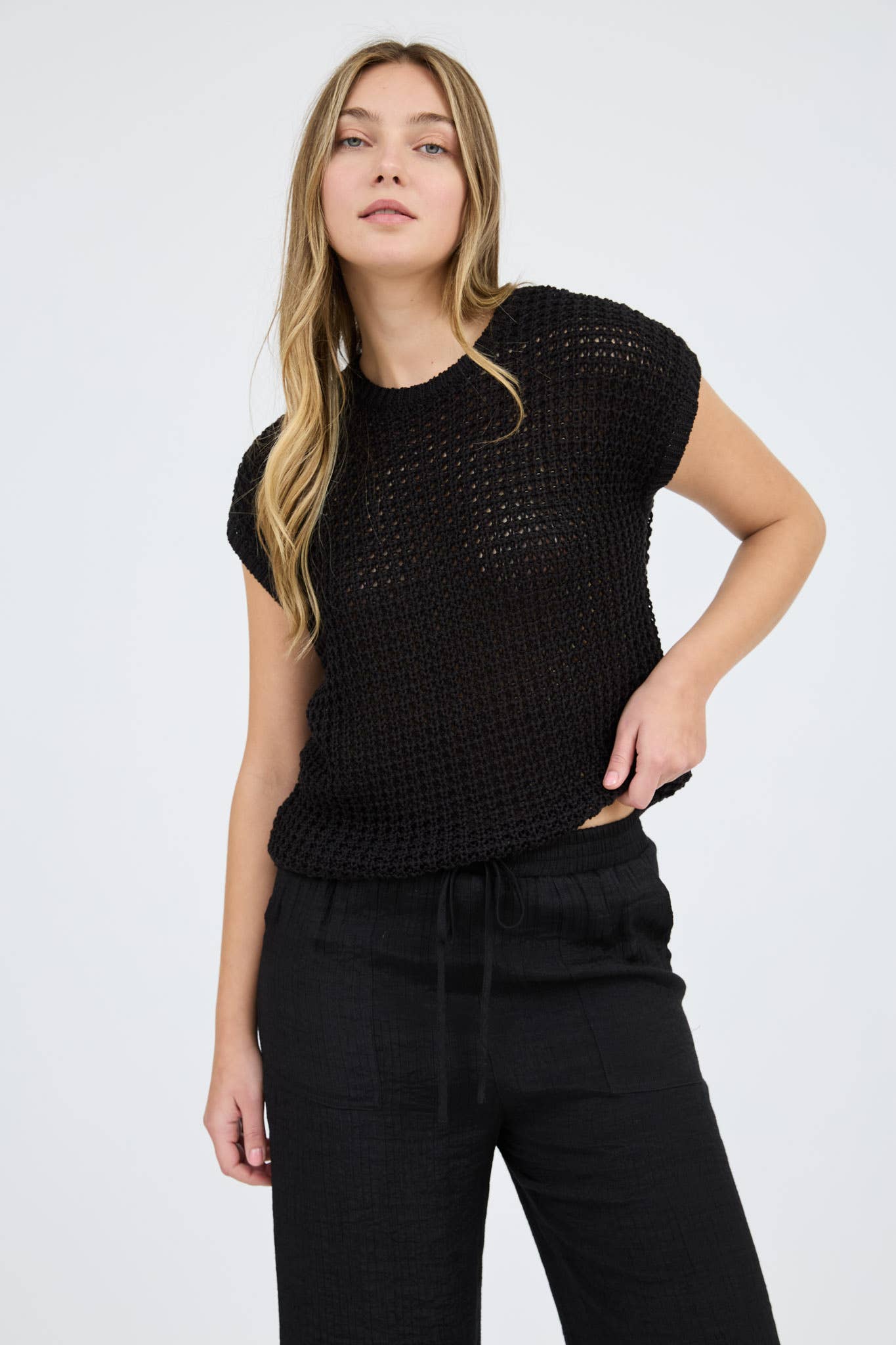CROCHET KNIT BATWING SHORT SLEEVE SWEATER TOP