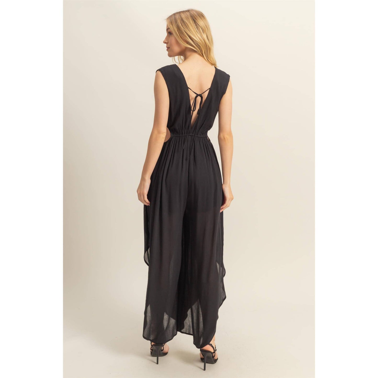 V-Neck Side Cutout Curved Hem Jumpsuit