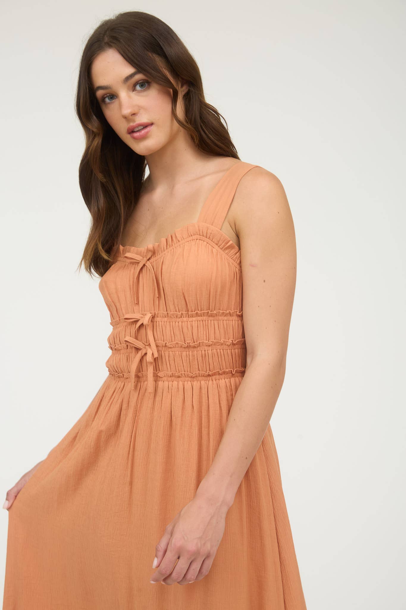 SHIRRED FRONT TIE DETAIL SLEEVELESS MIDI DRESS