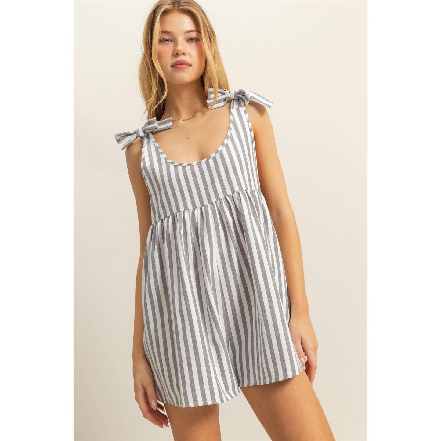 HF25E269-Striped Bow Accent Shoulders Relaxed Fit Romper