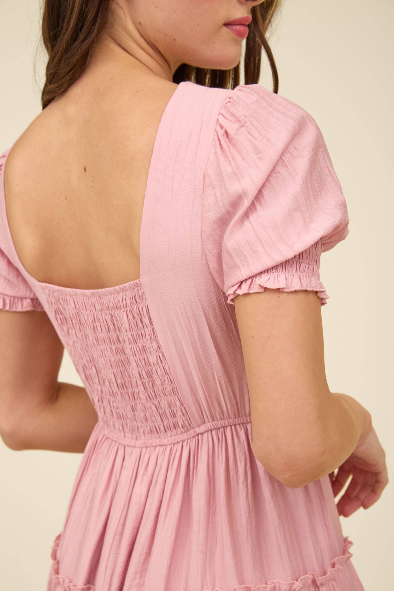 SQUARE NECK SMOCKED DETAIL TIERED MINI DRESS