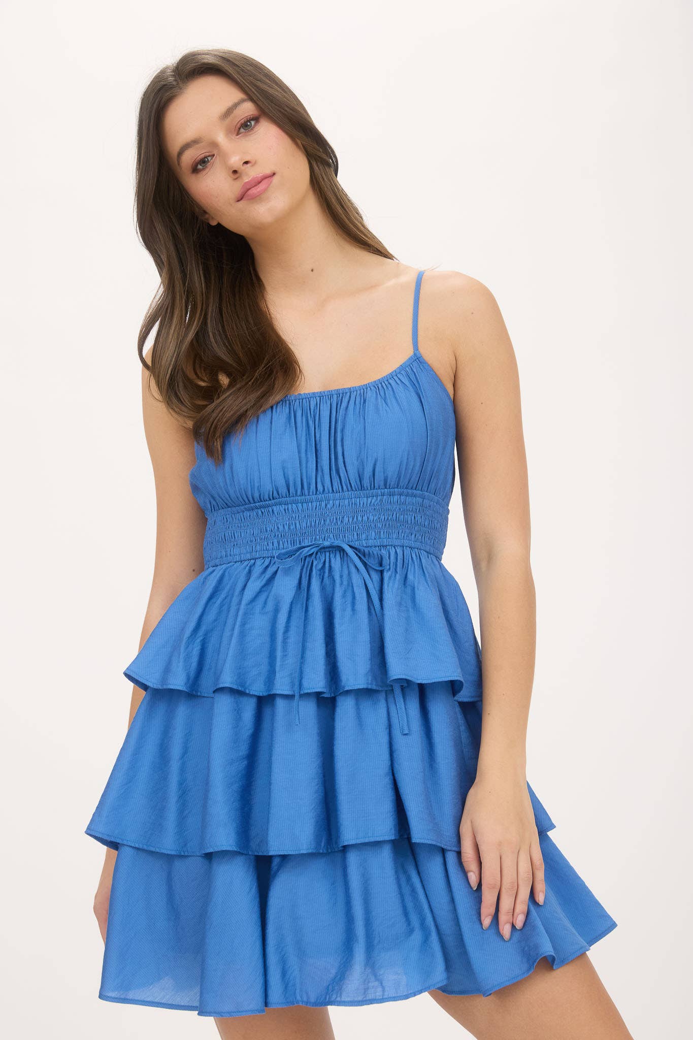 RUFFLE TIERED SPAGHETTI STRAP MINI DRESS
