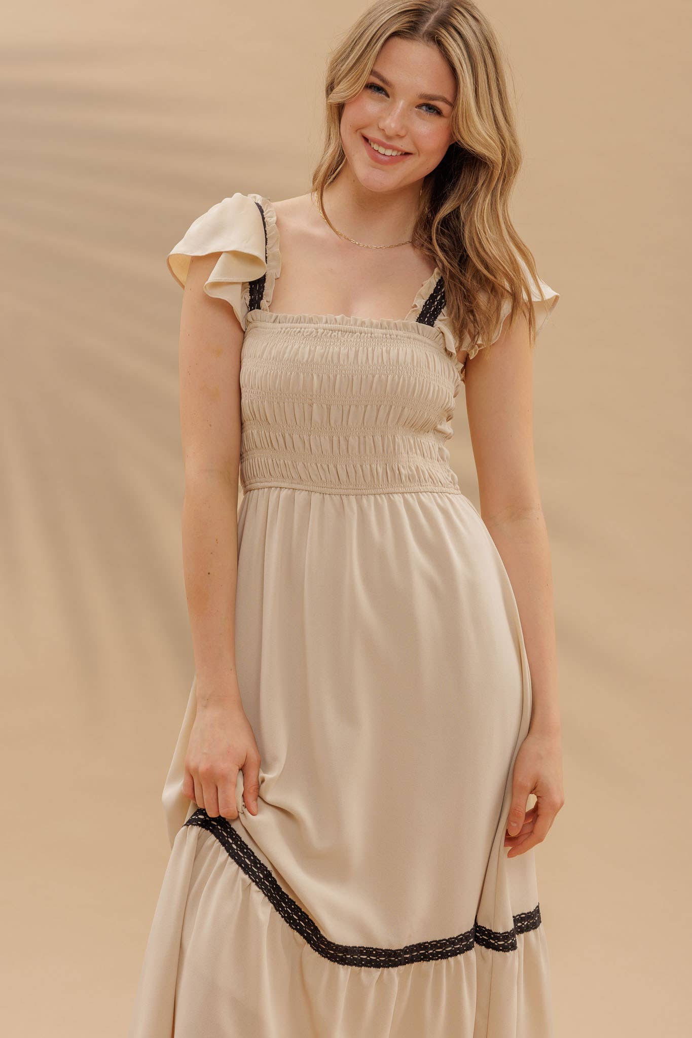 CONTRAST DETAIL SMOCKED RUFFLE MIDI DRESS