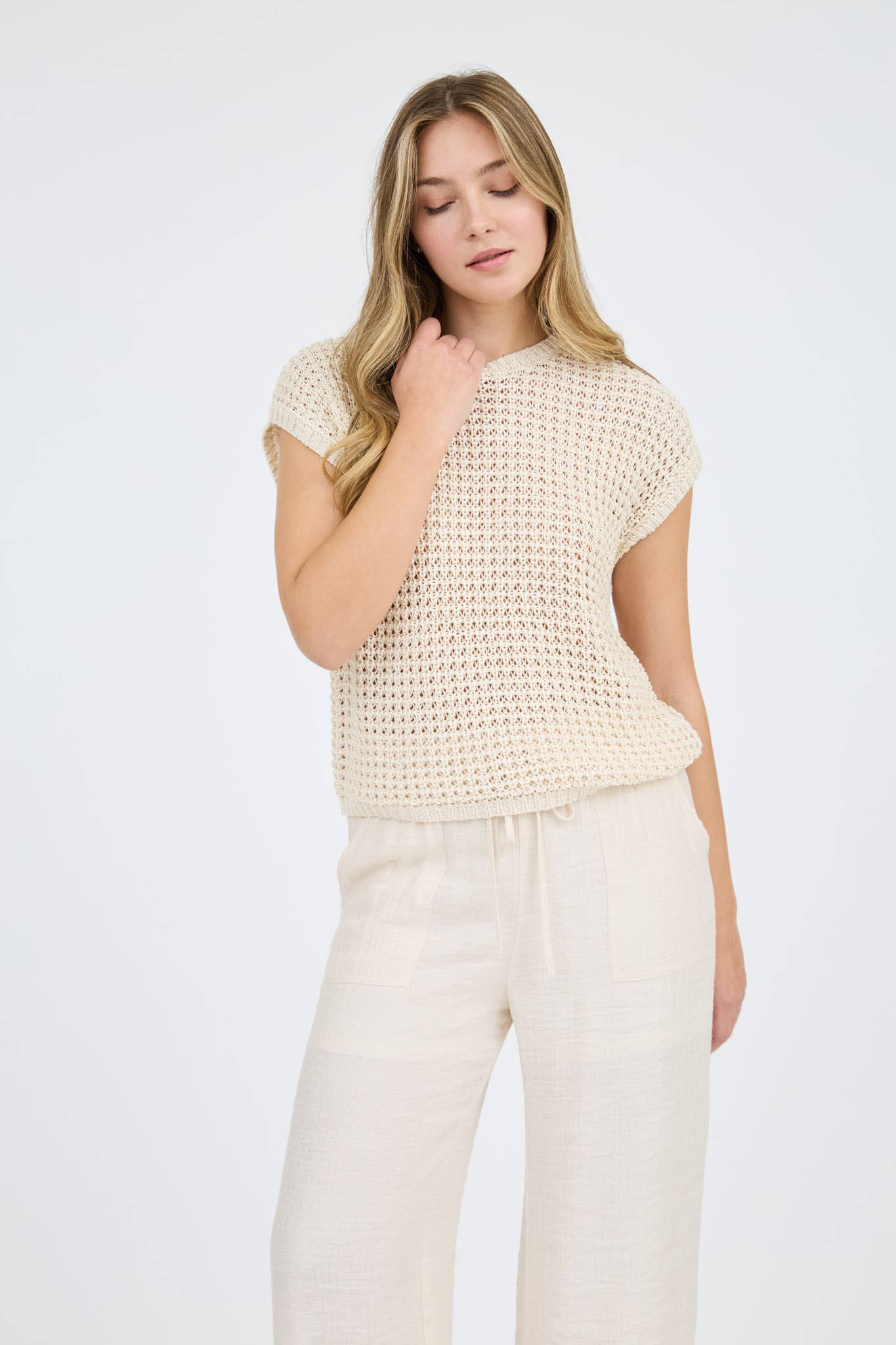 CROCHET KNIT BATWING SHORT SLEEVE SWEATER TOP