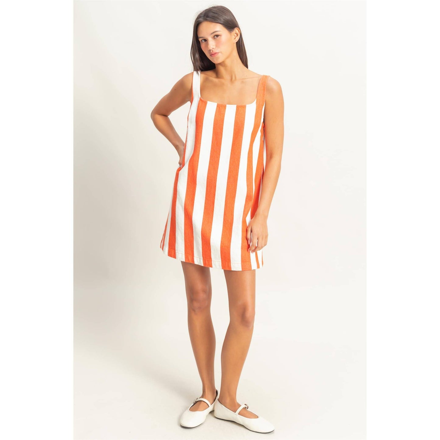 DZ25E182-Striped Square Neck Woven Mini Dress