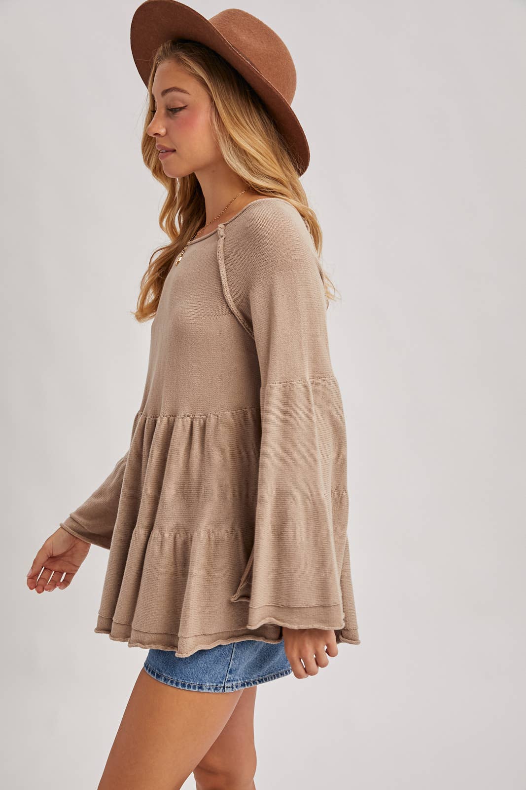 OVER STITCH TIERED BABY DOLL BELL SLEEVED SWEATER