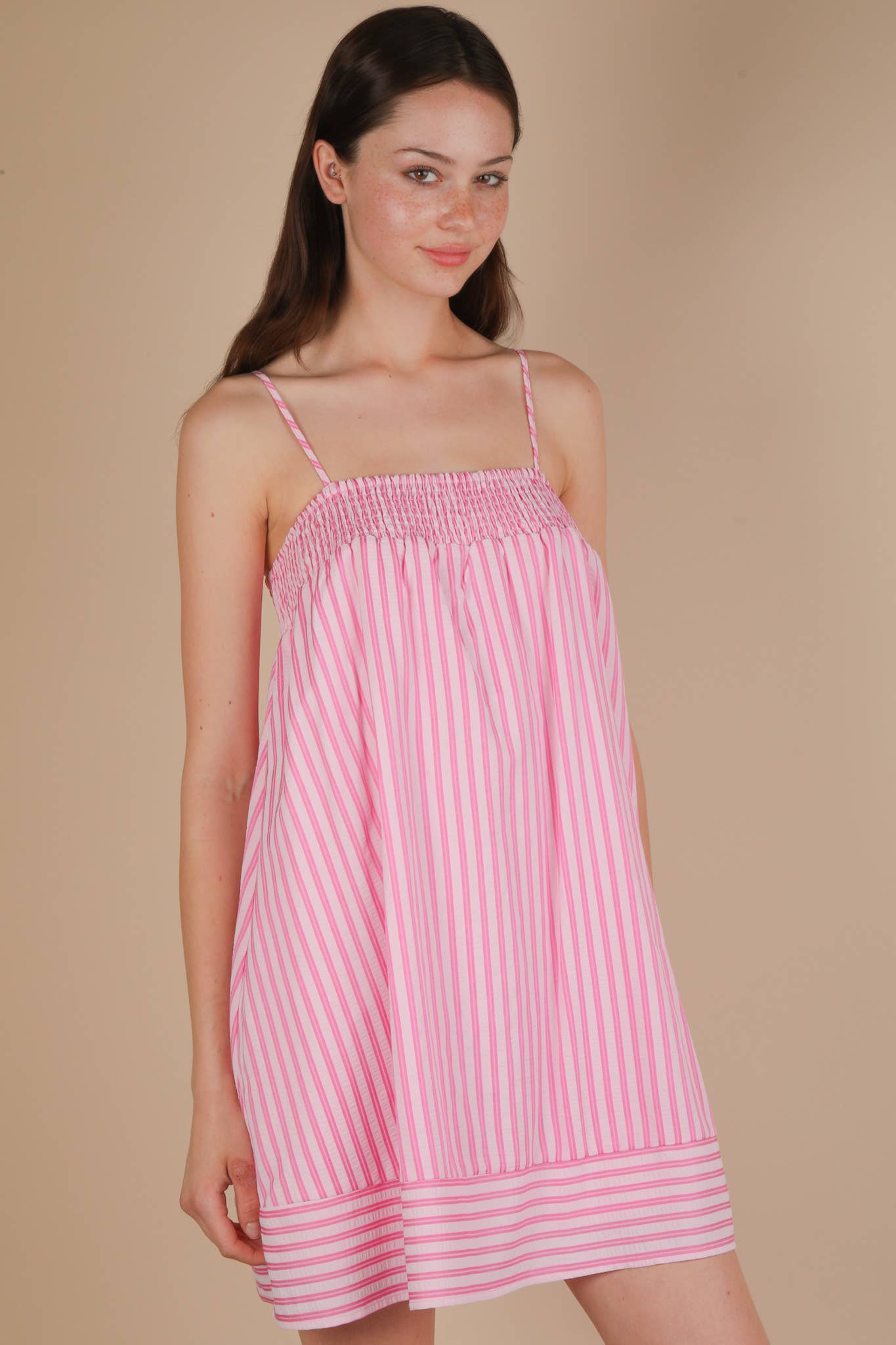 ND31758-Smocking Detail Stripe Woven Mini Sundress