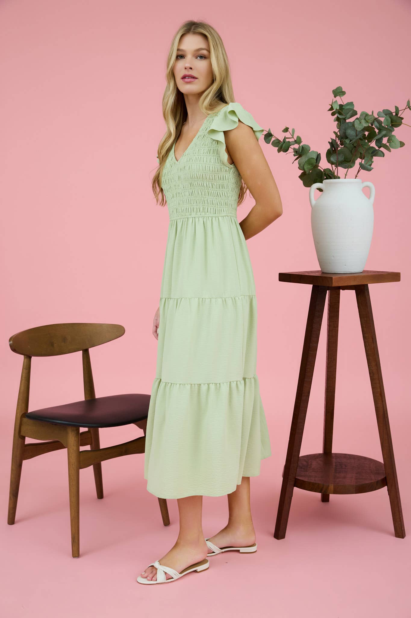 FLUTTER SLEEVE MAXI DRESS: KHAKI