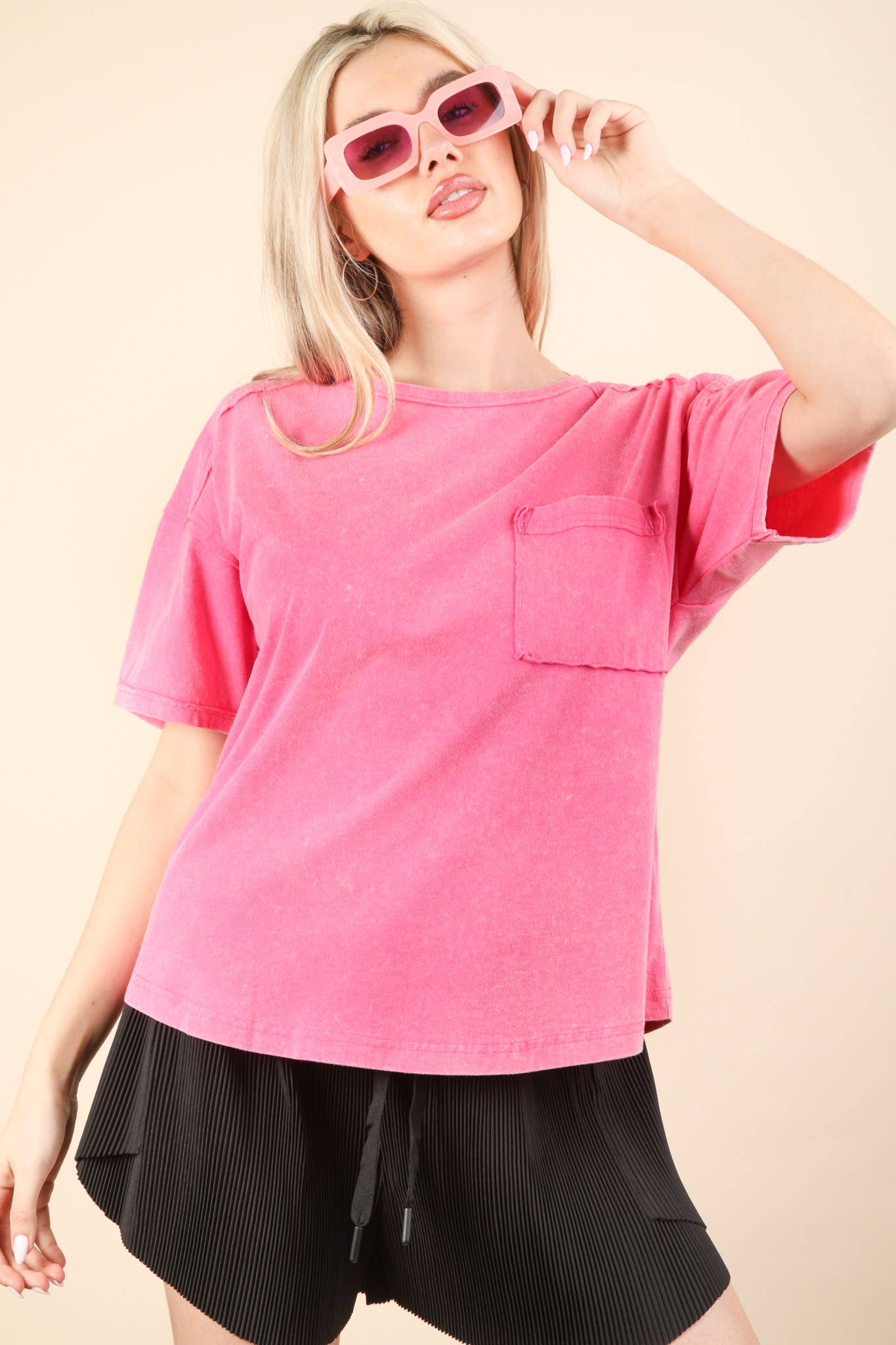Mineral Washed Knit Top with Pocket white