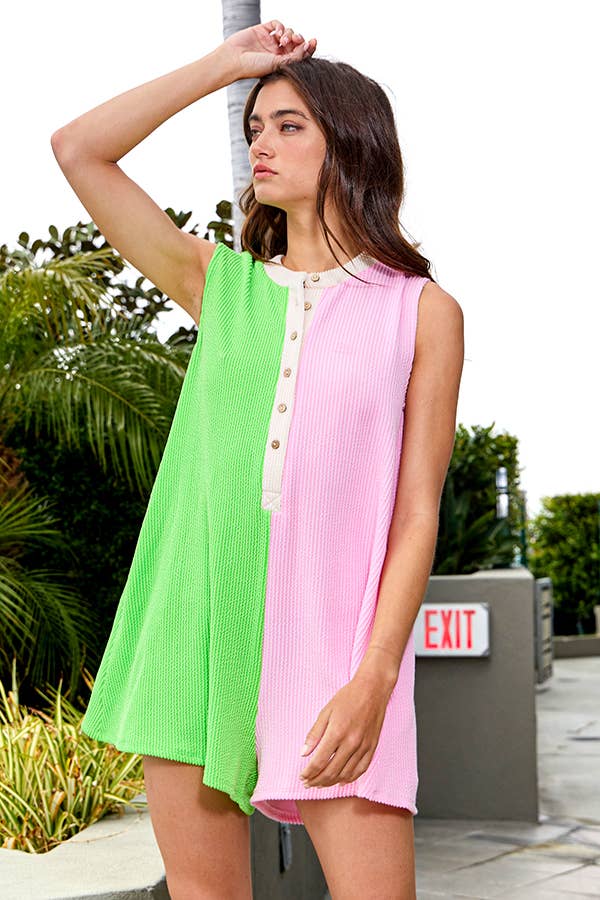 R5135-1C Ribbed Contrast Detail Button Closure Romper