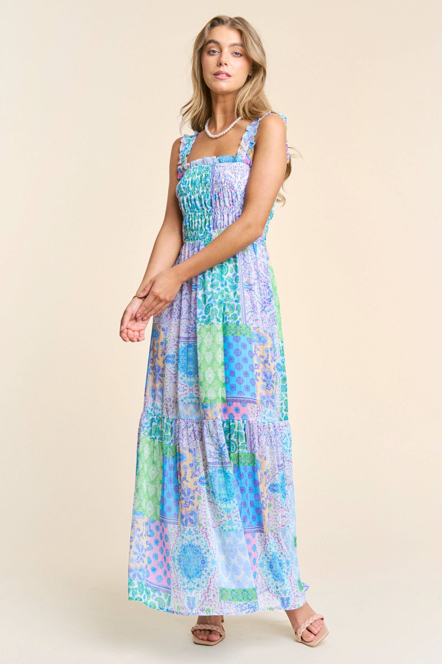 Smocked Top Patch-Work Maxi Dress