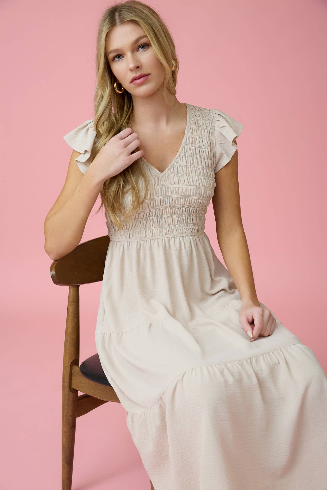 FLUTTER SLEEVE MAXI DRESS: KHAKI