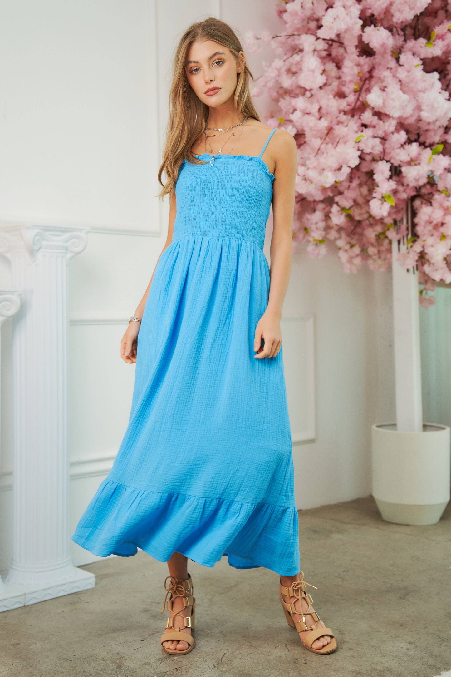 SMOCKING BODICE SPAGETTI STRAPS MAXI SUN DRESS