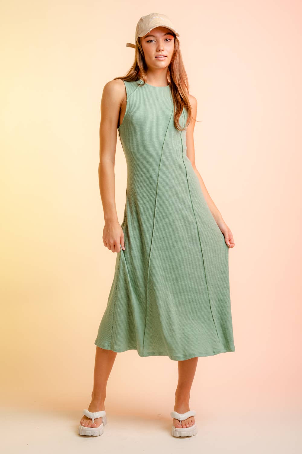 ND30236-Exposed Seam Rib Knit Maxi Dress