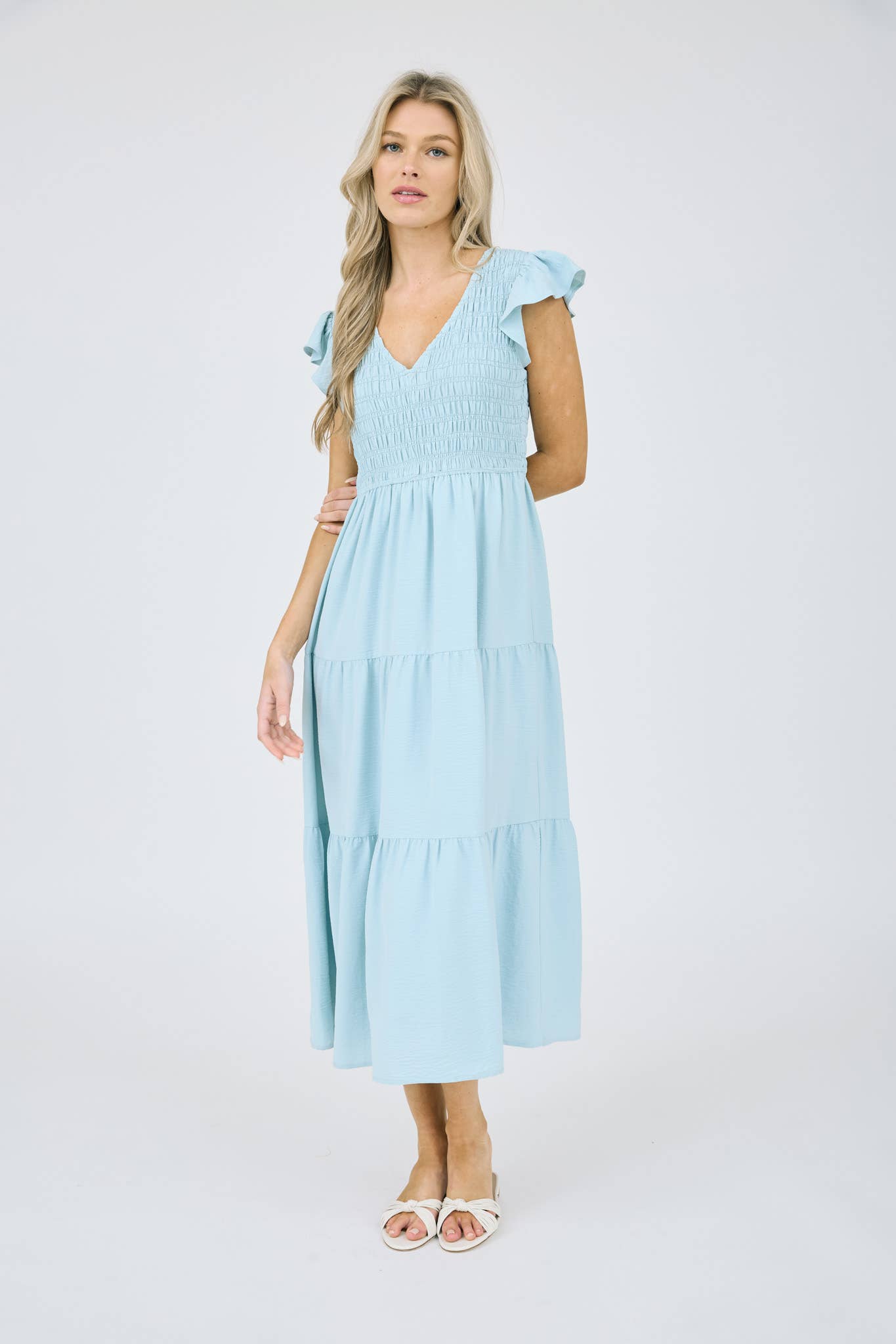 FLUTTER SLEEVE MAXI DRESS: KHAKI