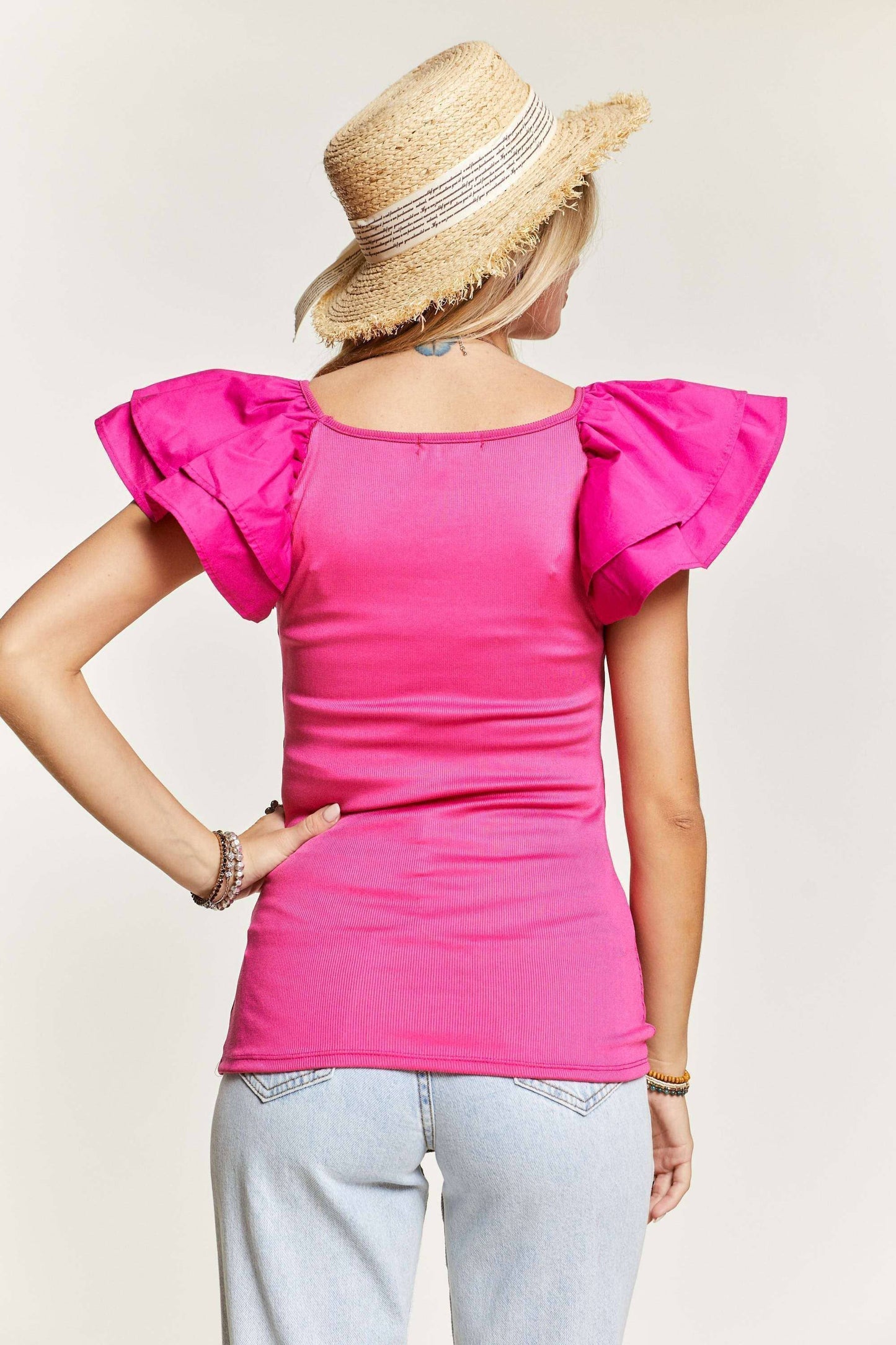 LT17048 - LAYERED RUFFLE SLEEVE RIBBED TOP