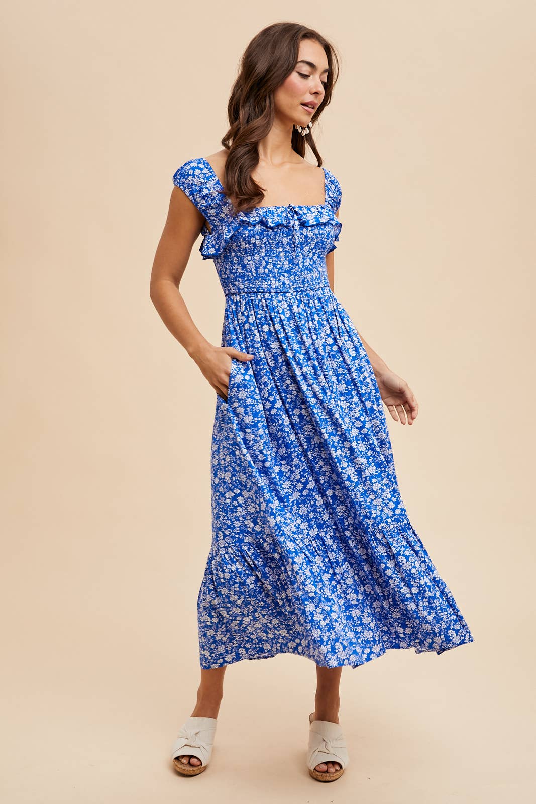 EVERLY SMOCKED FLORAL PRINT MAXI