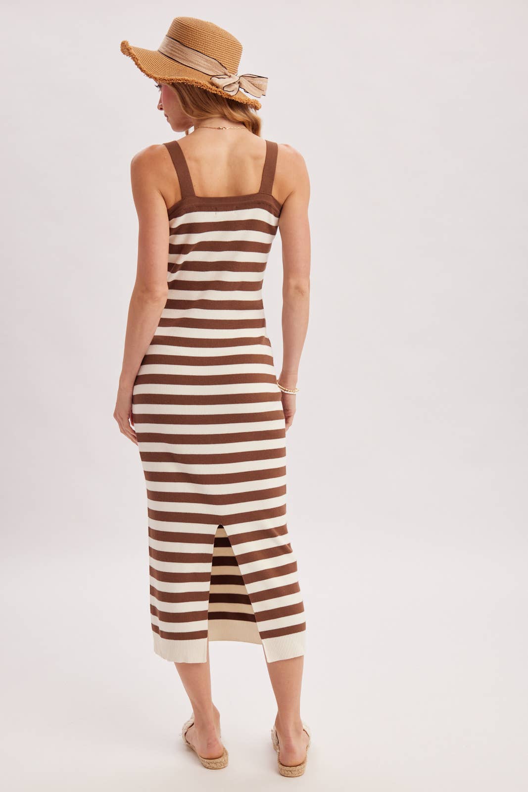 STRIPED SQUARE NECK SLEEVELESS KNIT MIDI DRESS