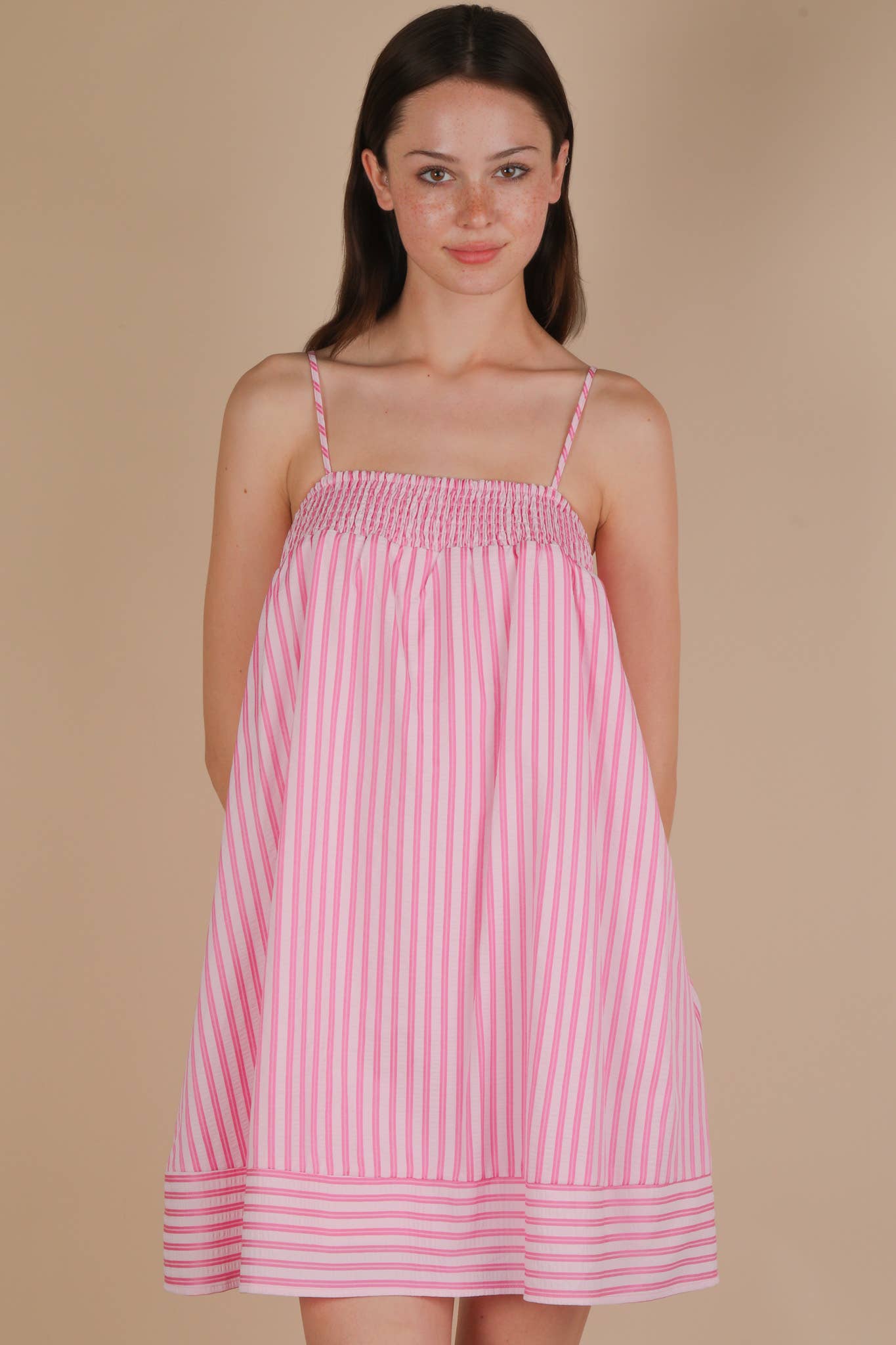 ND31758-Smocking Detail Stripe Woven Mini Sundress