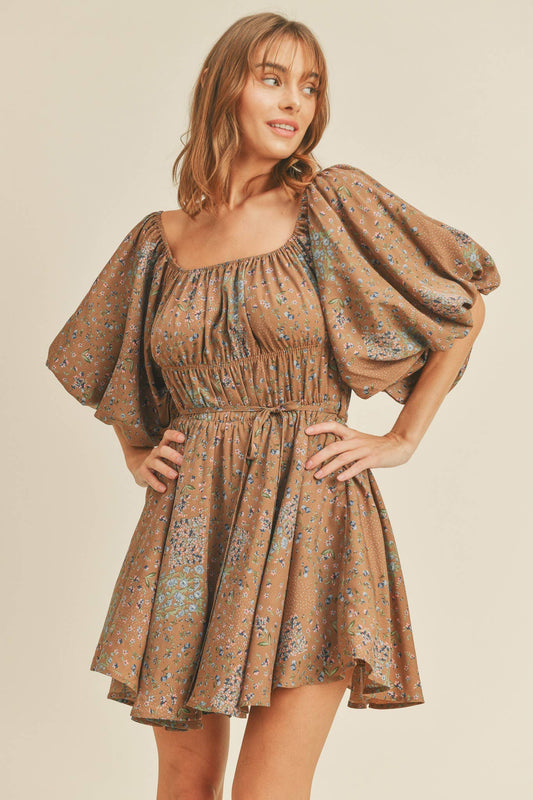 FLORAL PRINT BUBBLE SLEEVE FLARED MINI DRESS MDR1930