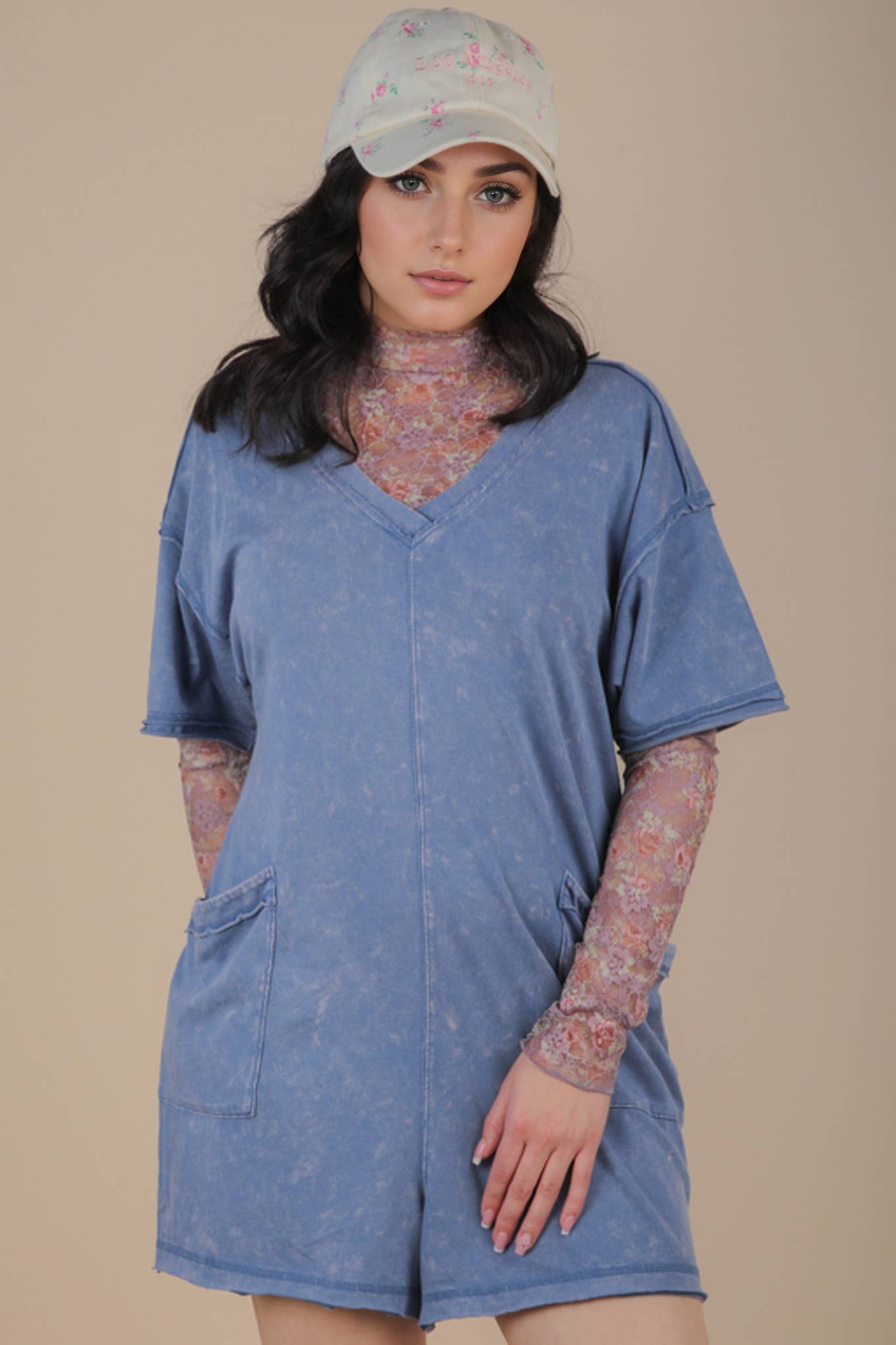 Mineral Washed Oversized Casual Knit Romper