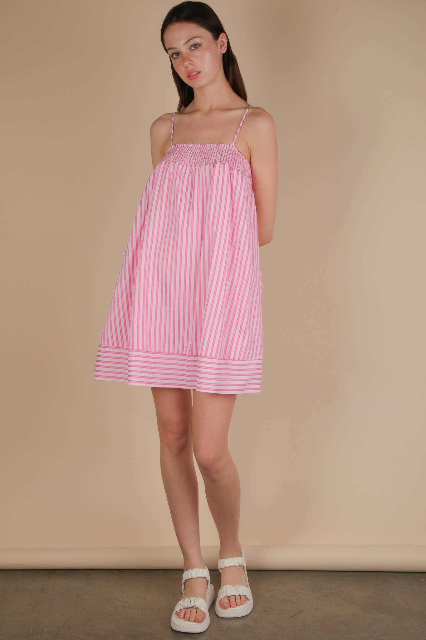 ND31758-Smocking Detail Stripe Woven Mini Sundress