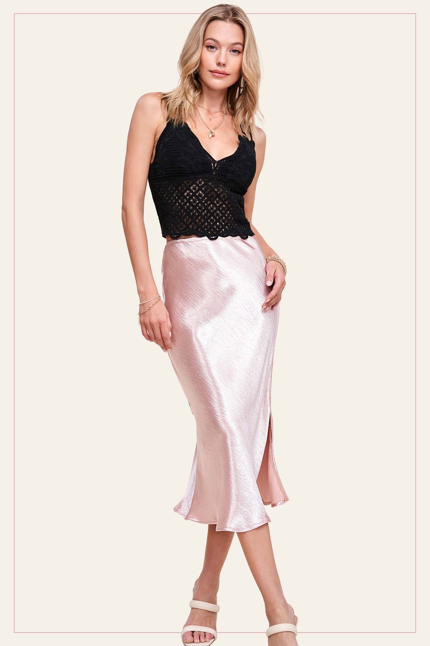 JBP4222-High-Waisted Midi Length Satin Effect Solid Skirt