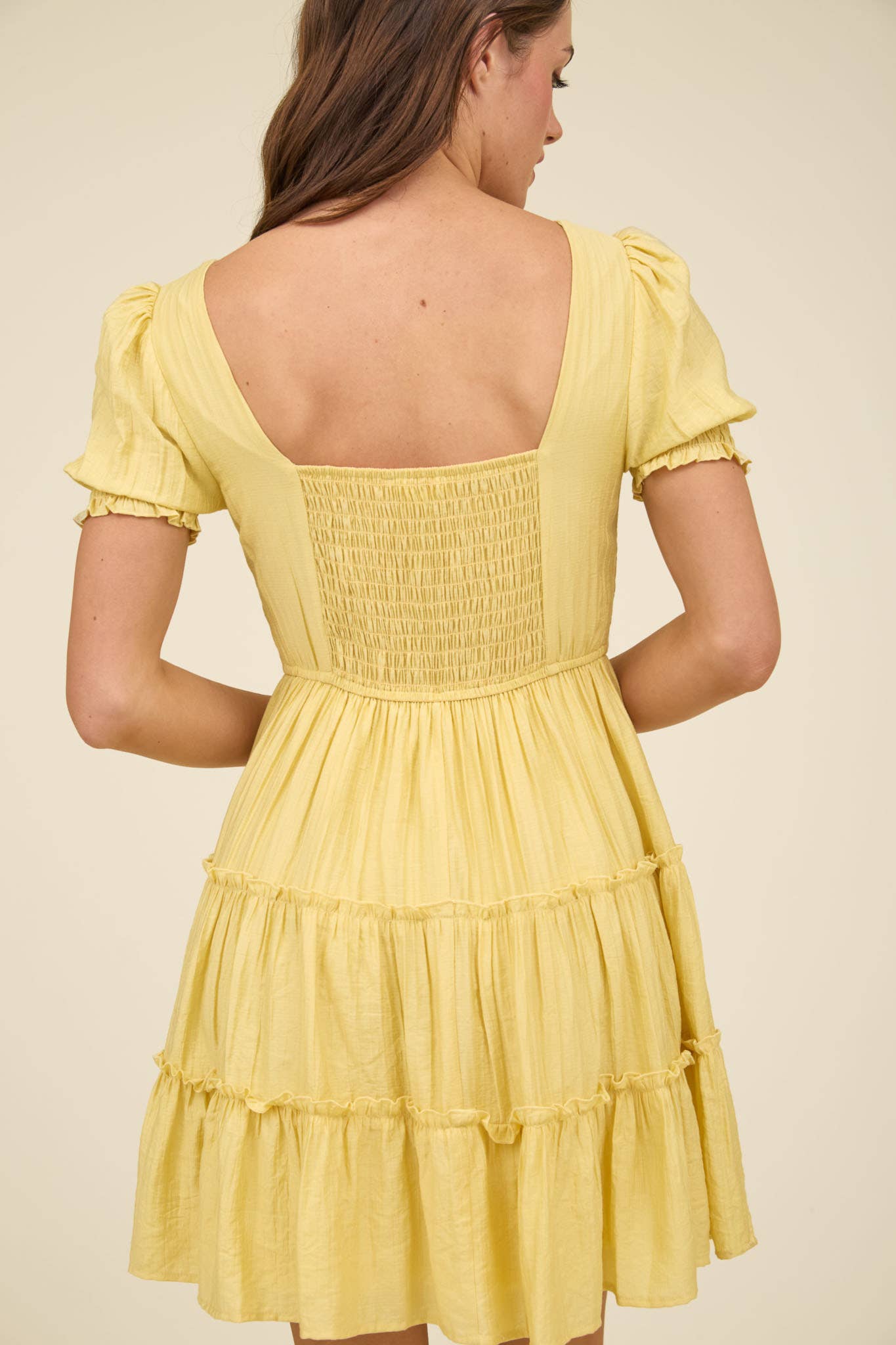SQUARE NECK SMOCKED DETAIL TIERED MINI DRESS