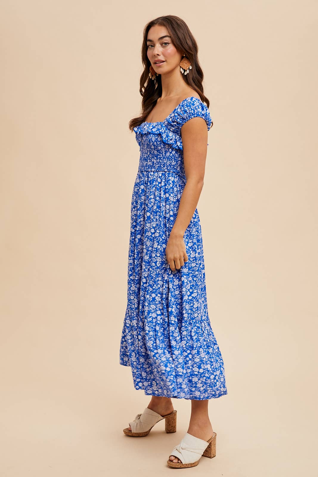 EVERLY SMOCKED FLORAL PRINT MAXI