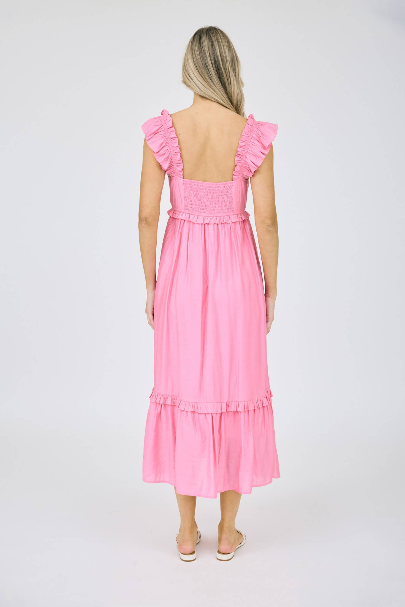 RUFFLE DETAIL EMPIRE WAIST SLEEVELESS MIDI DRESS