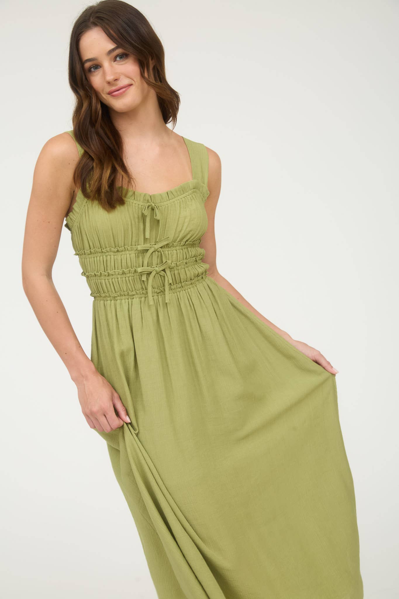 SHIRRED FRONT TIE DETAIL SLEEVELESS MIDI DRESS