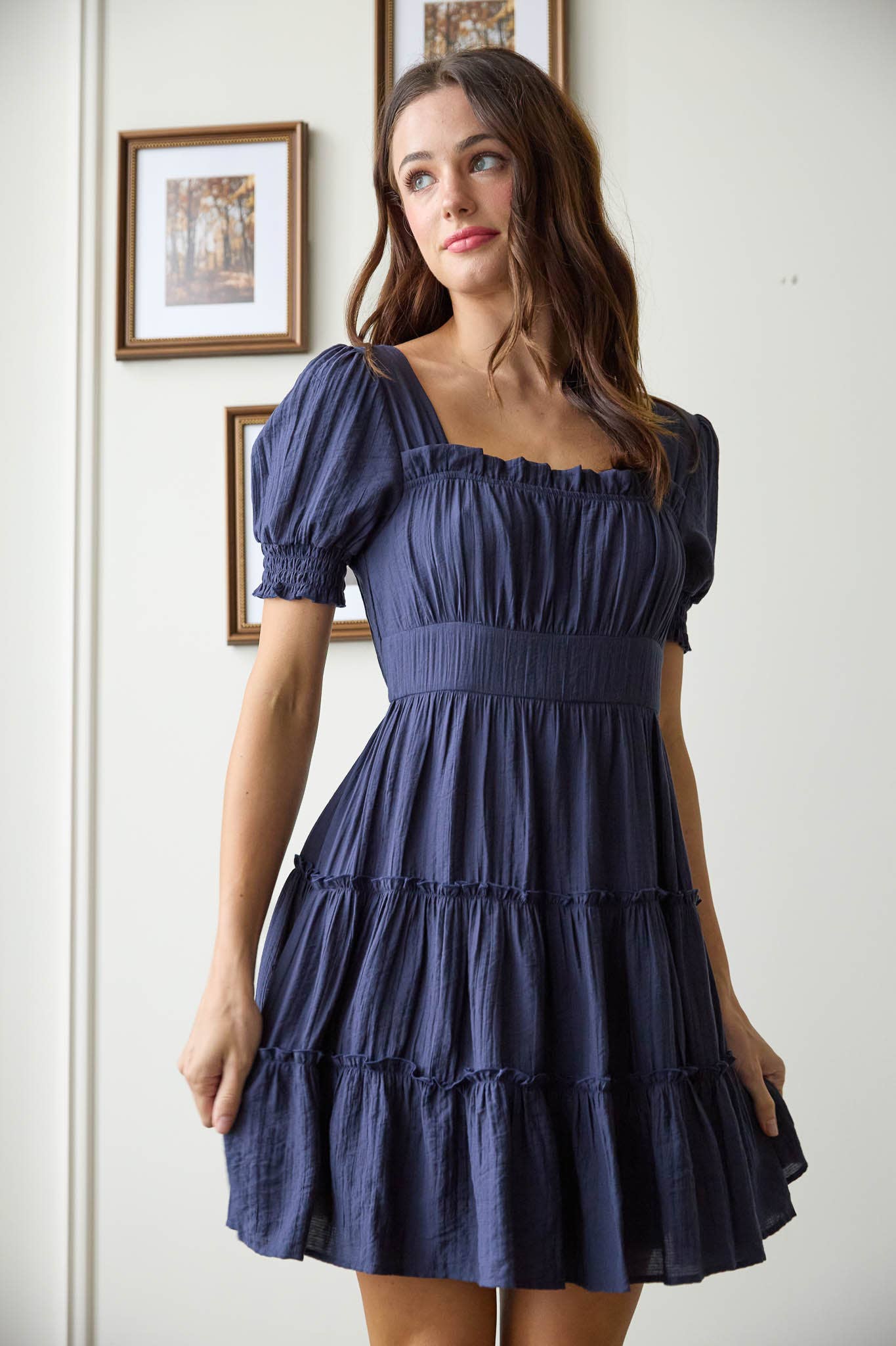 SQUARE NECK SMOCKED DETAIL TIERED MINI DRESS