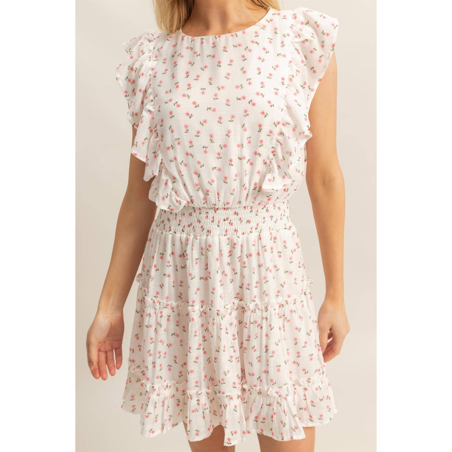 HF25E052-Ditsy Floral Print Ruffle Mini Dress