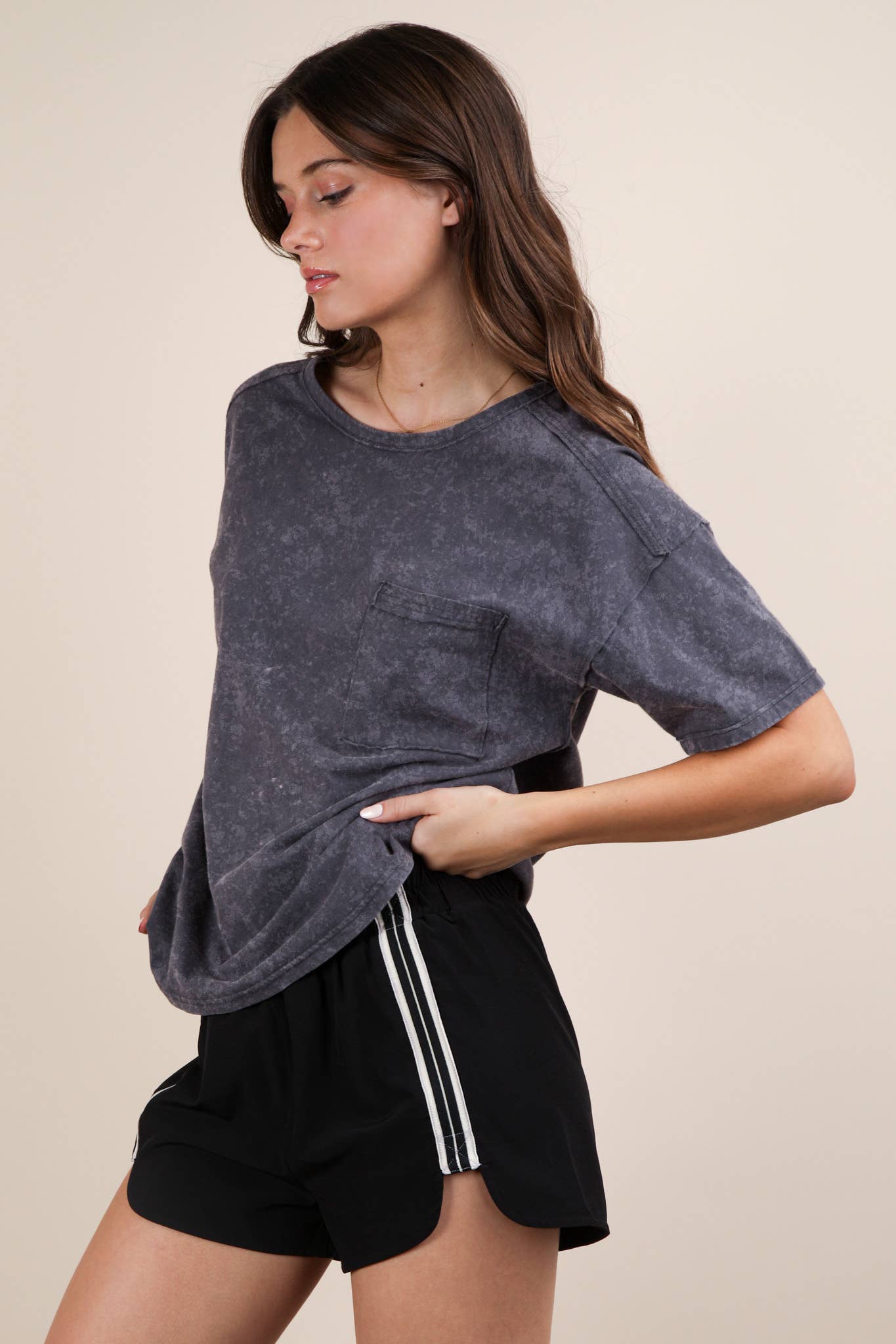 Mineral Washed Knit Top with Pocket white