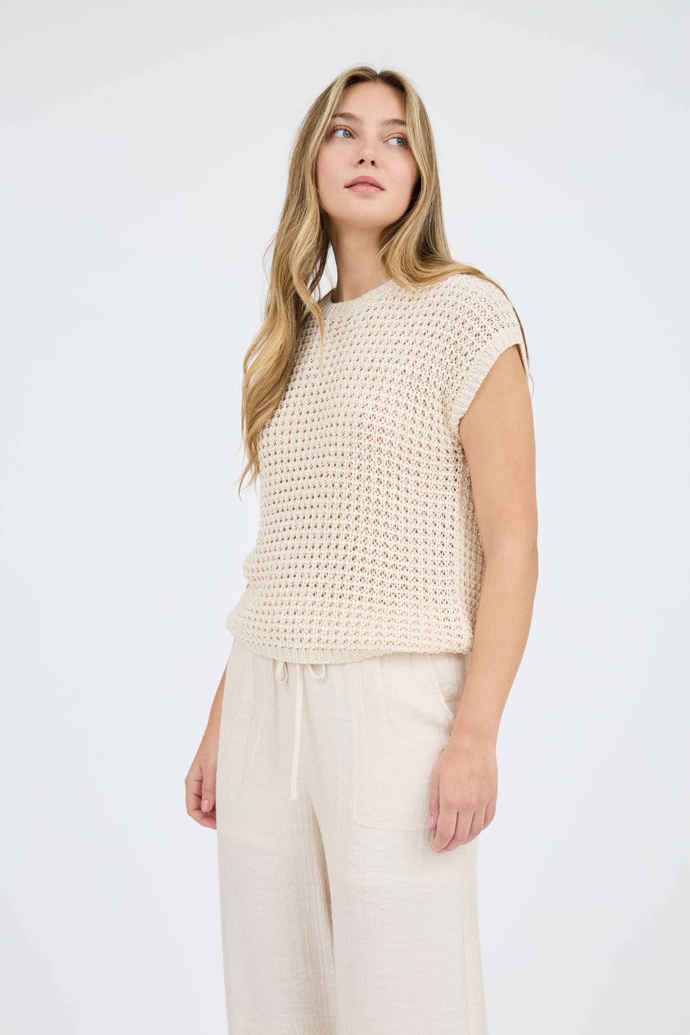 CROCHET KNIT BATWING SHORT SLEEVE SWEATER TOP