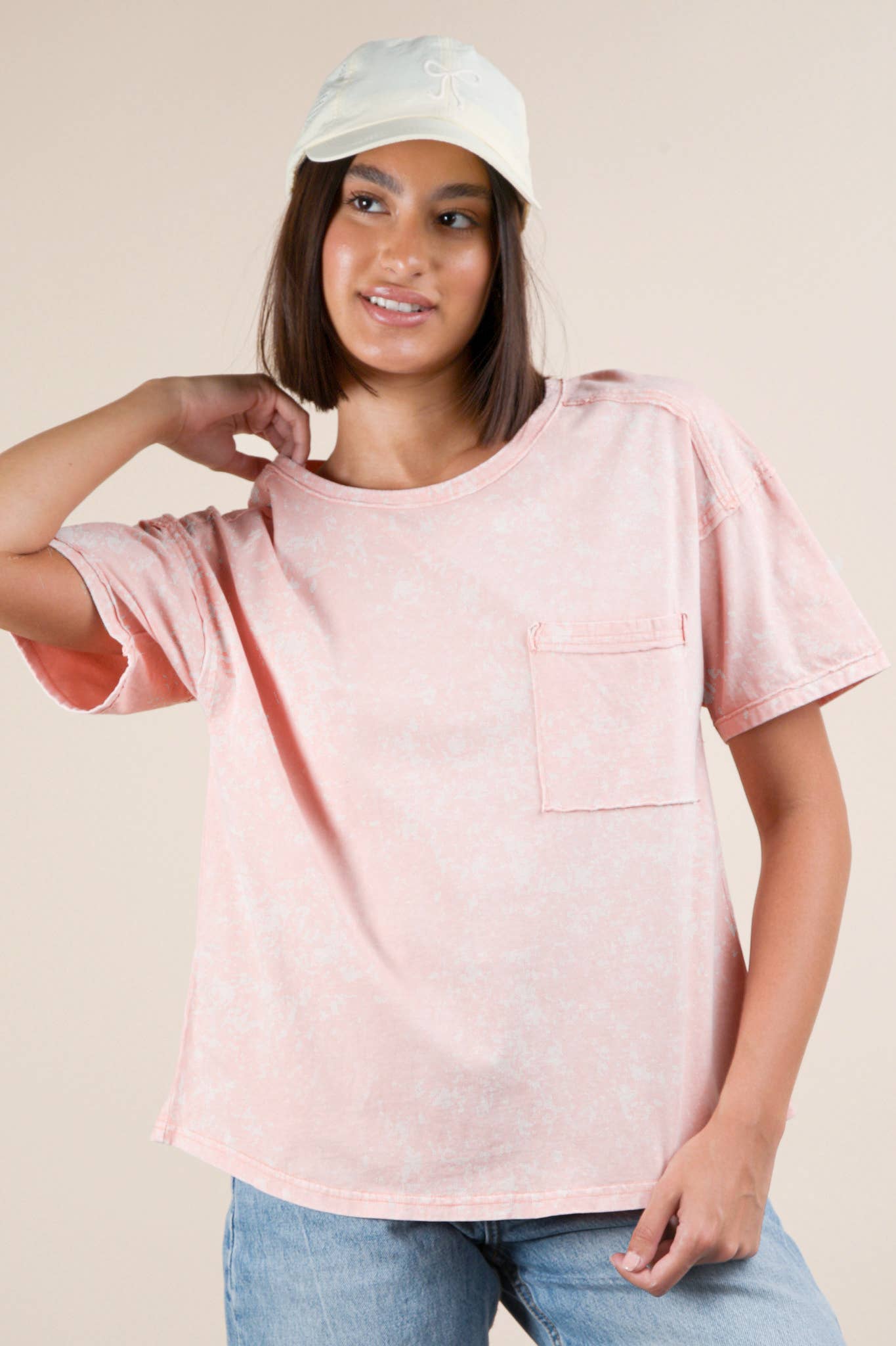 Mineral Washed Knit Top with Pocket white