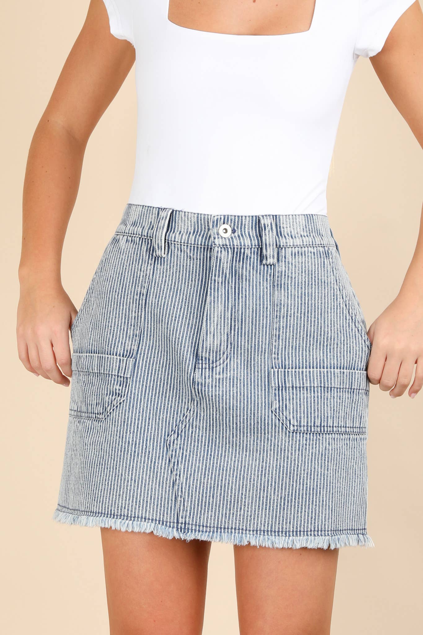 NS50140-Mineral Washed Denim Striped Casual Mini Skirt