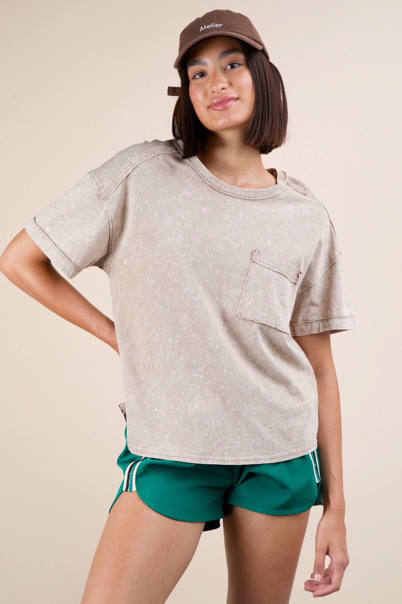 Mineral Washed Knit Top with Pocket white