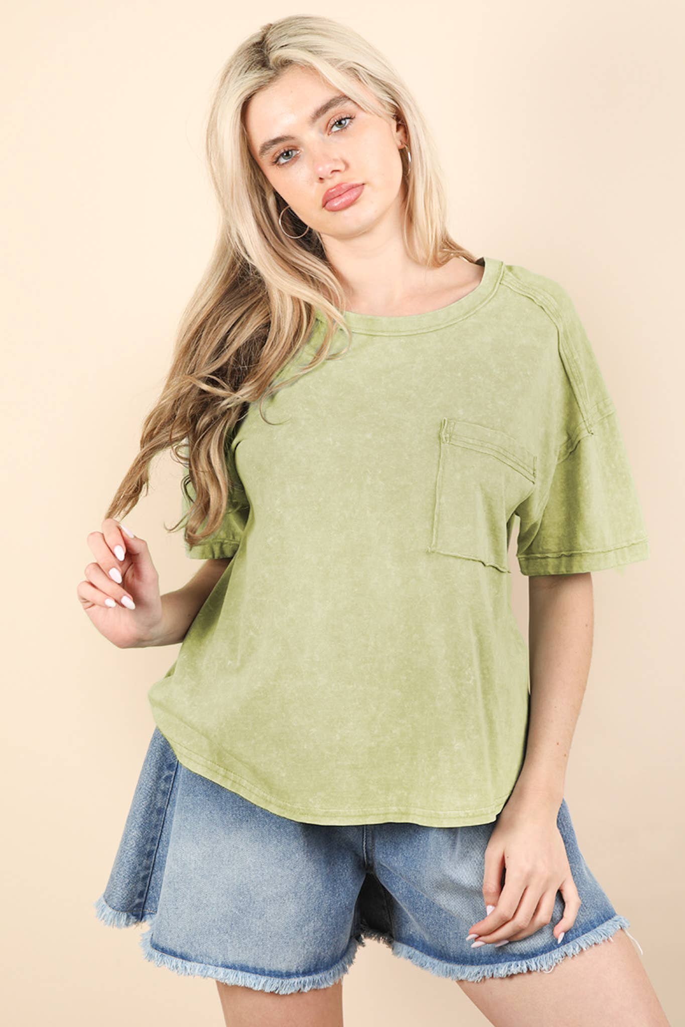 Mineral Washed Knit Top with Pocket white