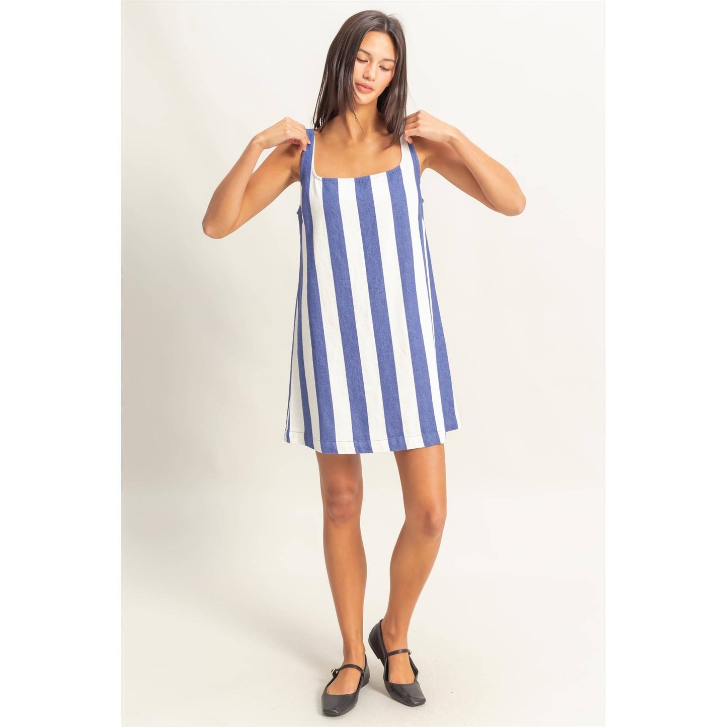 DZ25E182-Striped Square Neck Woven Mini Dress