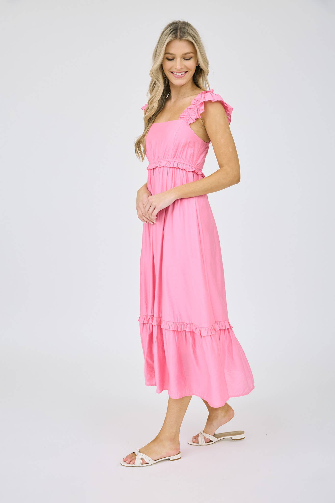 RUFFLE DETAIL EMPIRE WAIST SLEEVELESS MIDI DRESS