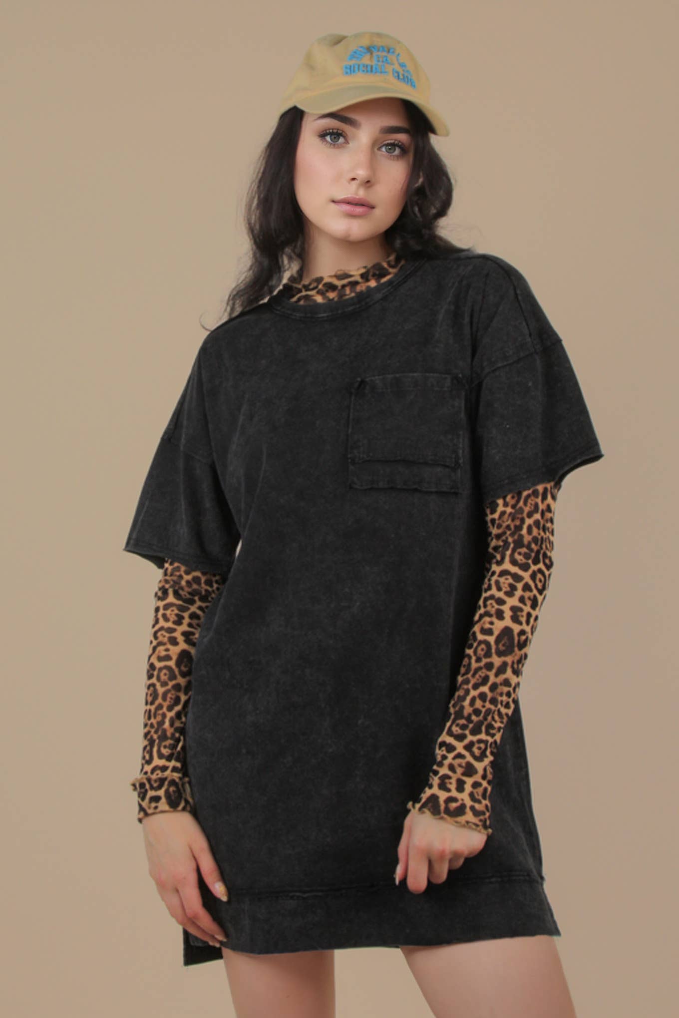 ND31634-Mineral Washed Knit Oversized Shift Mini Dress
