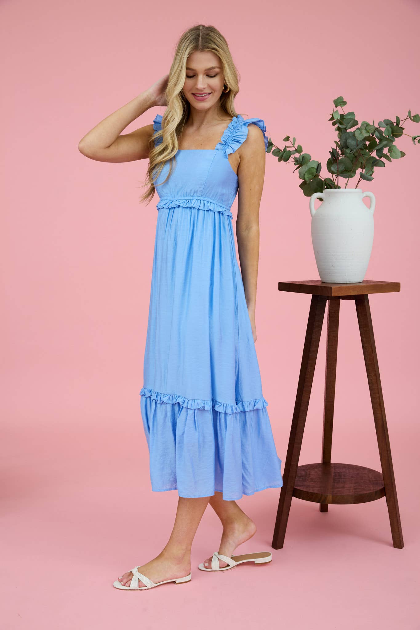 RUFFLE DETAIL EMPIRE WAIST SLEEVELESS MIDI DRESS