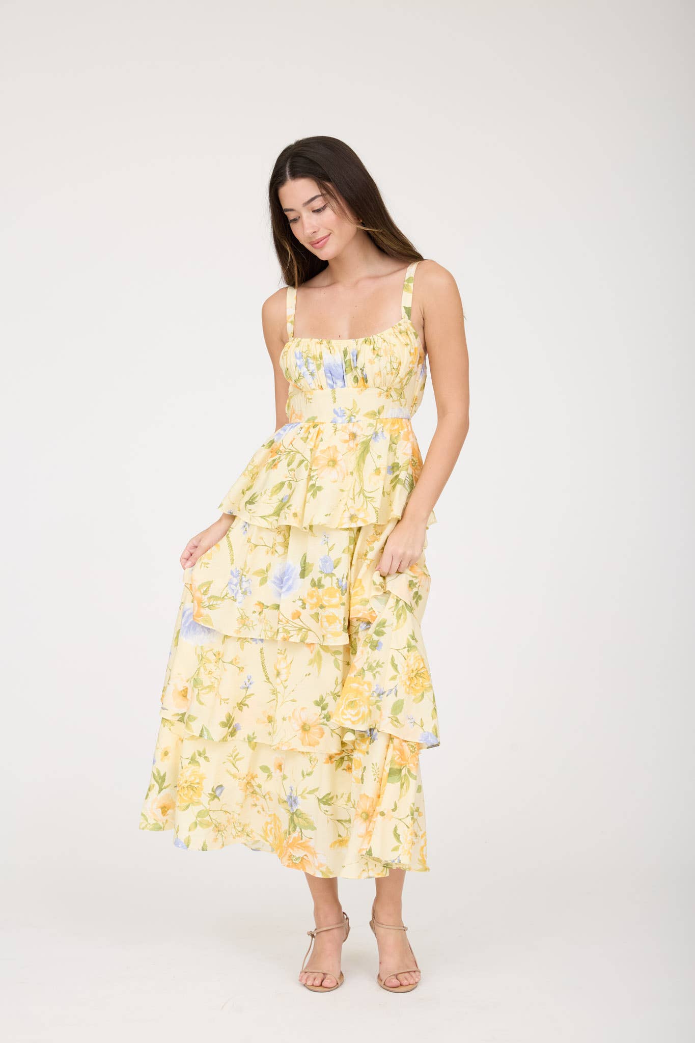 FLORAL SLEEVELESS RUFFLE TIERED SKIRT MIDI DRESS