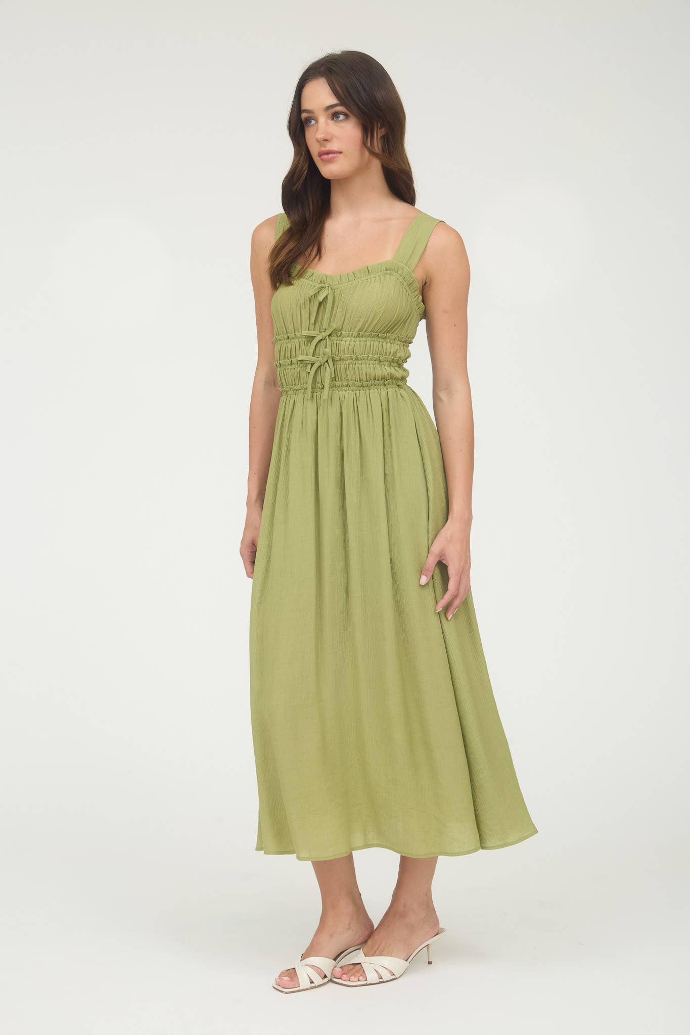SHIRRED FRONT TIE DETAIL SLEEVELESS MIDI DRESS