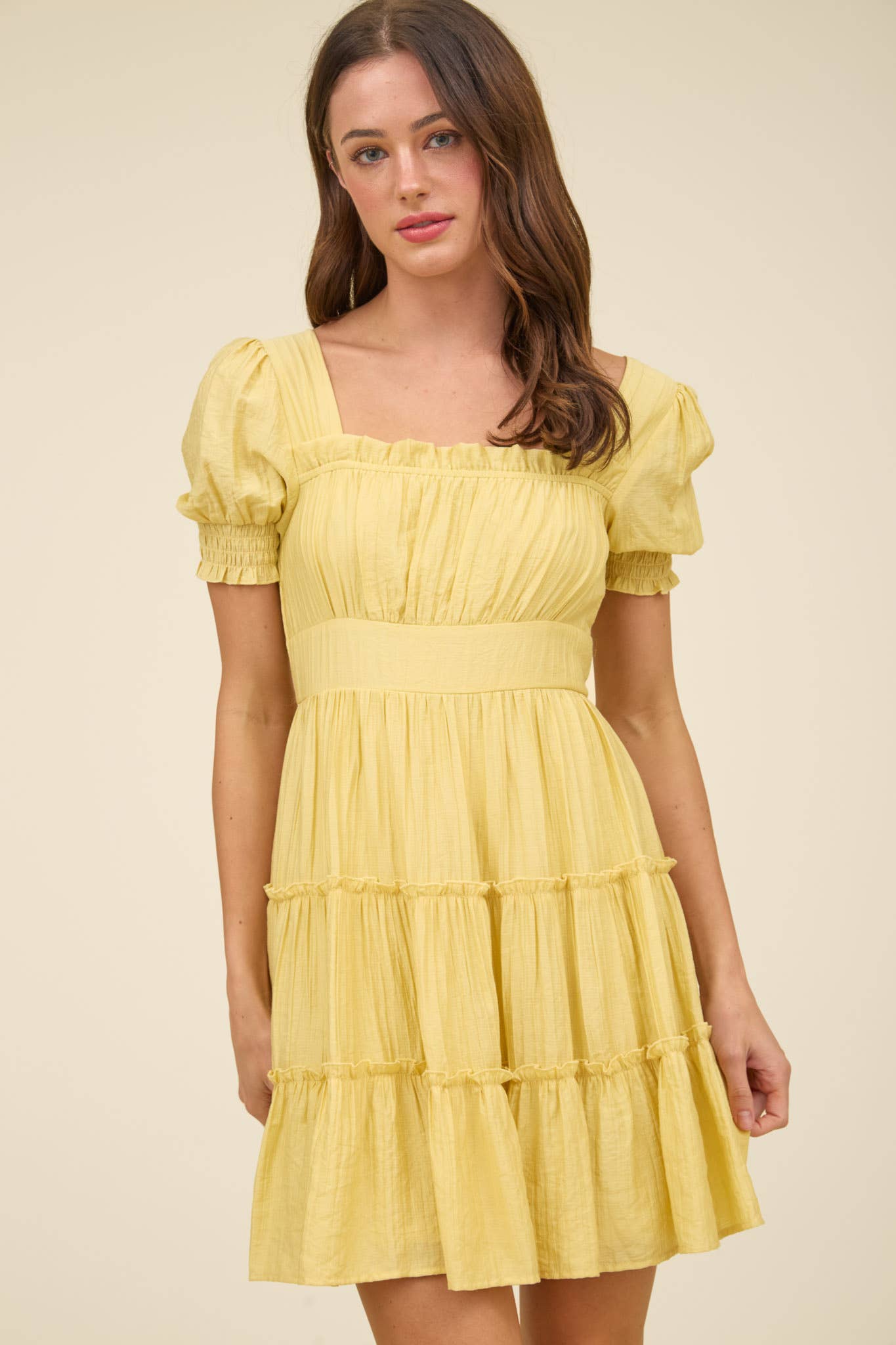 SQUARE NECK SMOCKED DETAIL TIERED MINI DRESS