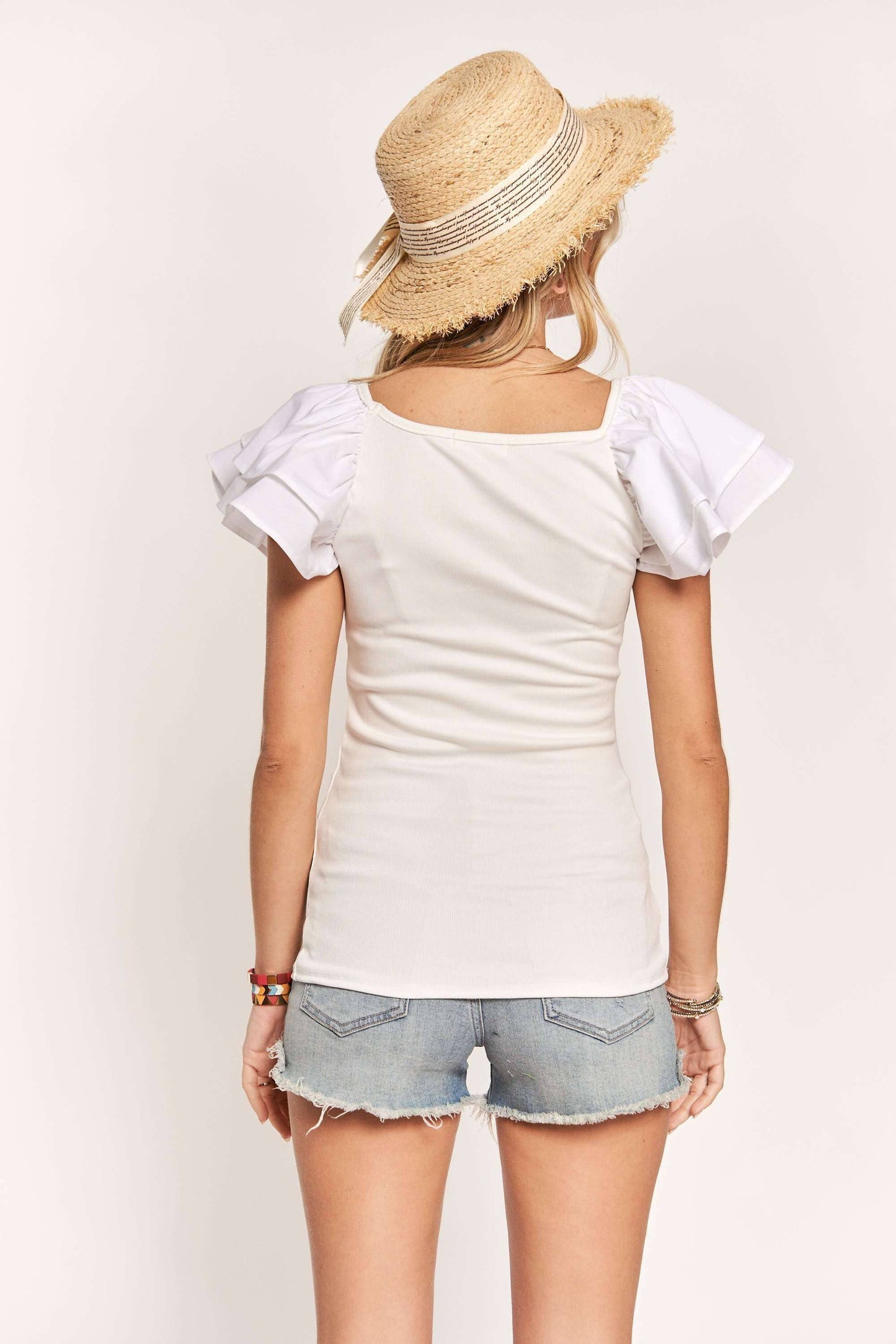 LT17048 - LAYERED RUFFLE SLEEVE RIBBED TOP
