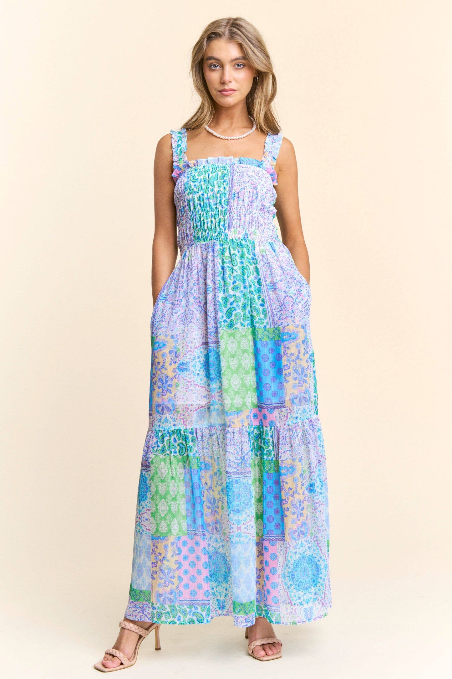 Smocked Top Patch-Work Maxi Dress